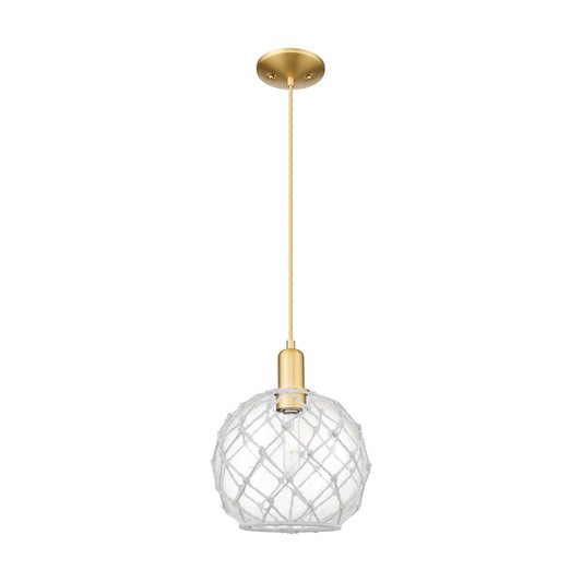 Innovations Farmhouse Rope 10in 1-Light Mini Pendant | Industrial Satin Gold Steel and Clear Glass with White Rope | Kitchen | Model 716-1P-SG-G122-10RW