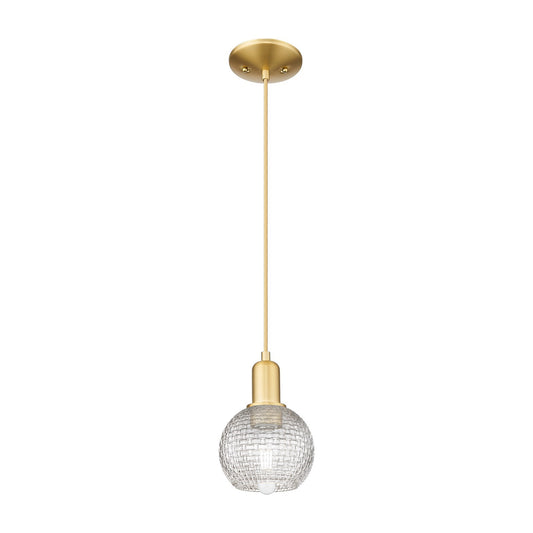 Innovations Athens 6in 1-Light Mini Pendant | Industrial Satin Gold Steel and Clear Basket Weave Glass | Kitchen Island & | Model 716-1P-SG-G122C-6CL