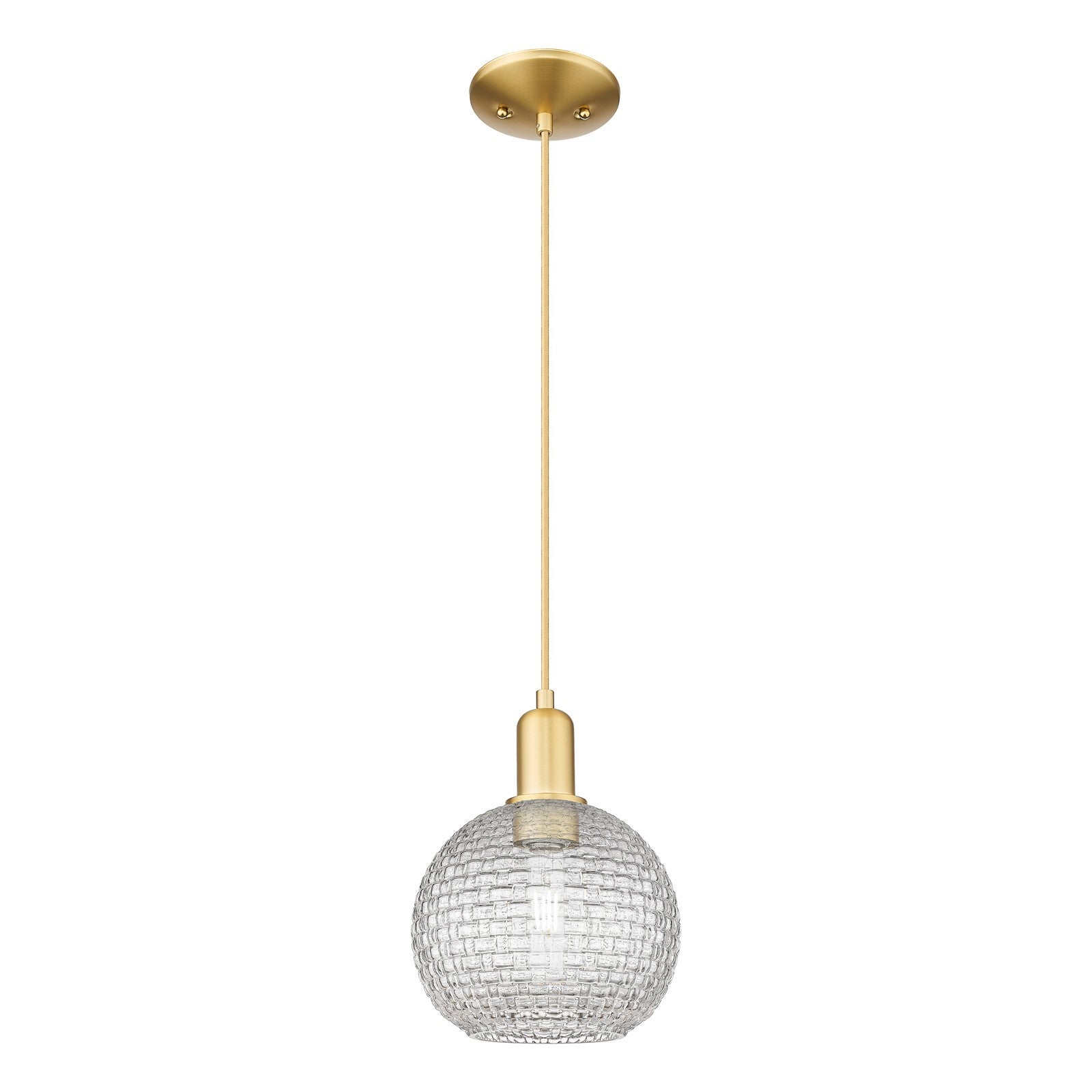 Innovations Athens 8in 1-Light Mini Pendant | Industrial Satin Gold Steel and Clear Basket Weave Glass | Kitchen Island & | Model 716-1P-SG-G122C-8CL