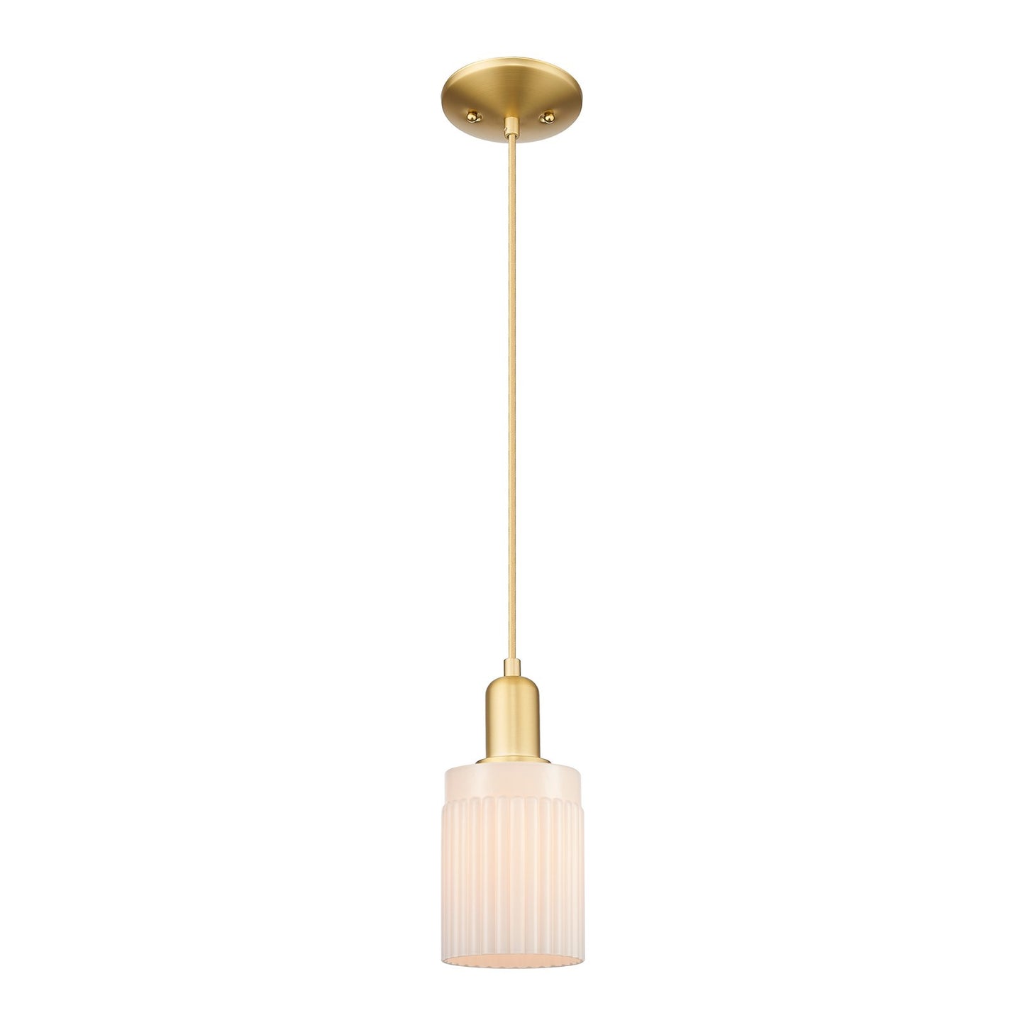 Innovations Hadley 4.5in 1-Light Mini Pendant | Industrial Satin Gold Steel and Matte White Ribbed Glass | Kitchen Island & Dining | Model 716-1P-SG-G341