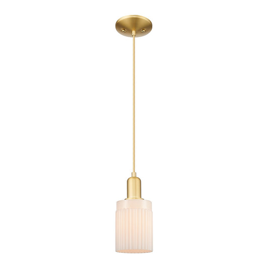 Innovations Hadley 4.5in 1-Light Mini Pendant | Industrial Satin Gold Steel and Matte White Ribbed Glass | Kitchen Island & Dining | Model 716-1P-SG-G341
