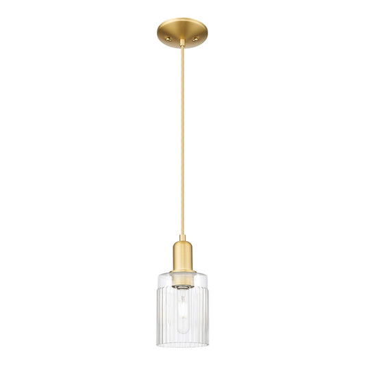 Innovations Hadley 1-Light Mini Pendant | Industrial Satin Gold Steel and Clear Ribbed Glass | Kitchen Island & Dining Room | 4.5 x | Model 716-1P-SG-G342
