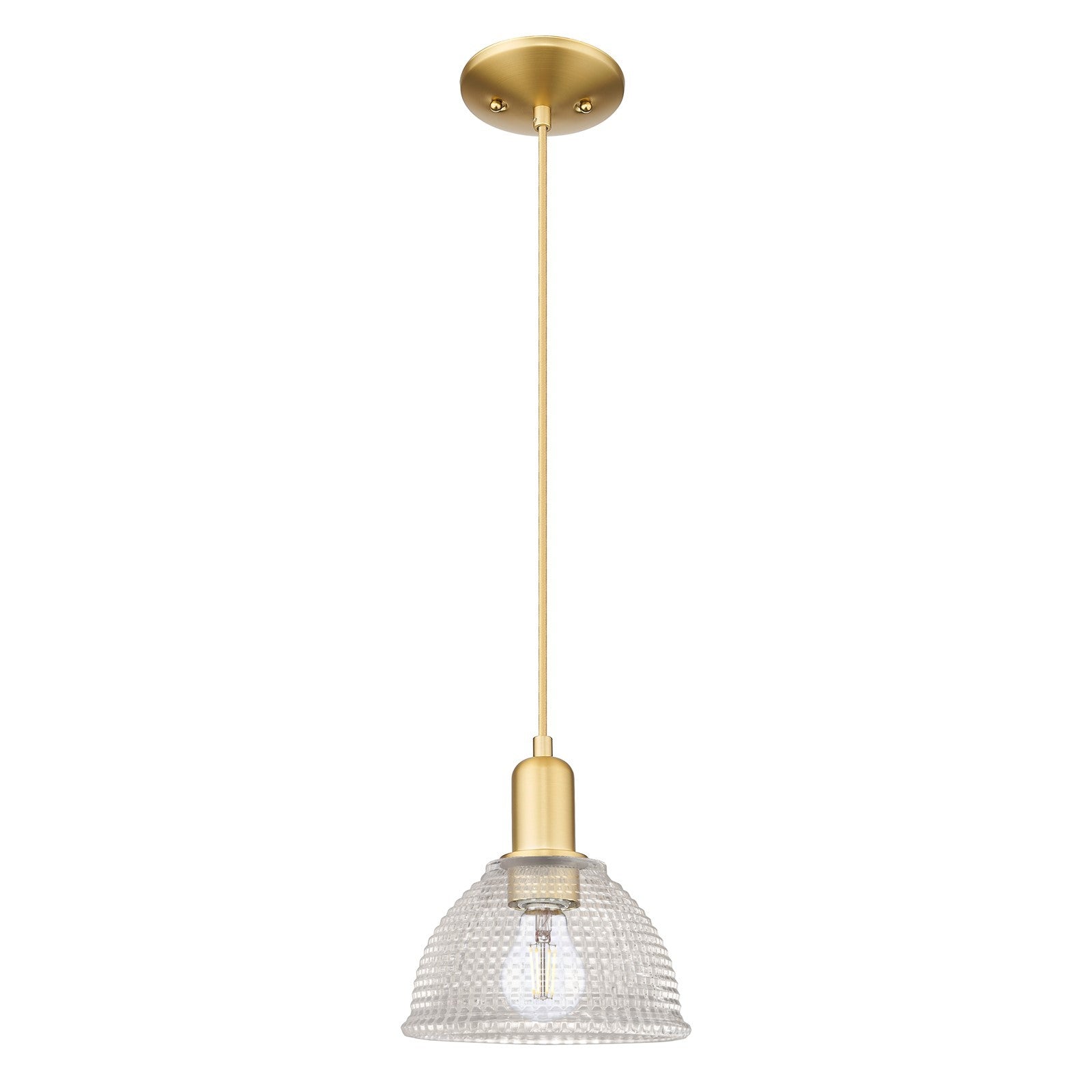 Innovations Arietta 8in 1-Light Mini Pendant | Industrial Satin Gold Steel and Clear Glass | Kitchen Island & Dining Room | Damp | Model 716-1P-SG-G422