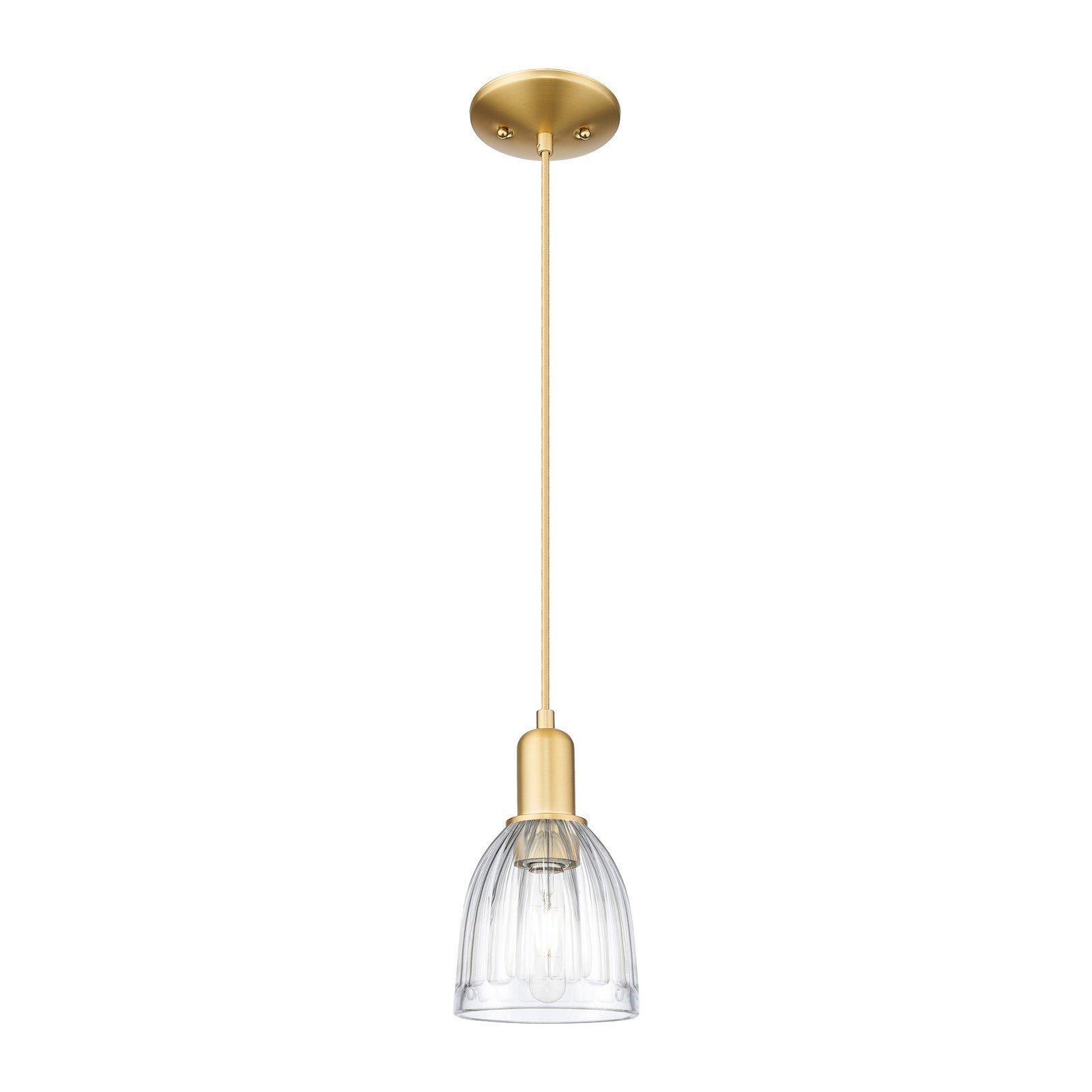 Innovations Brookfield 6in 1-Light Mini Pendant | Industrial Satin Gold Steel and Clear Ribbed Glass | Kitchen Island & Dining Room | Model 716-1P-SG-G442