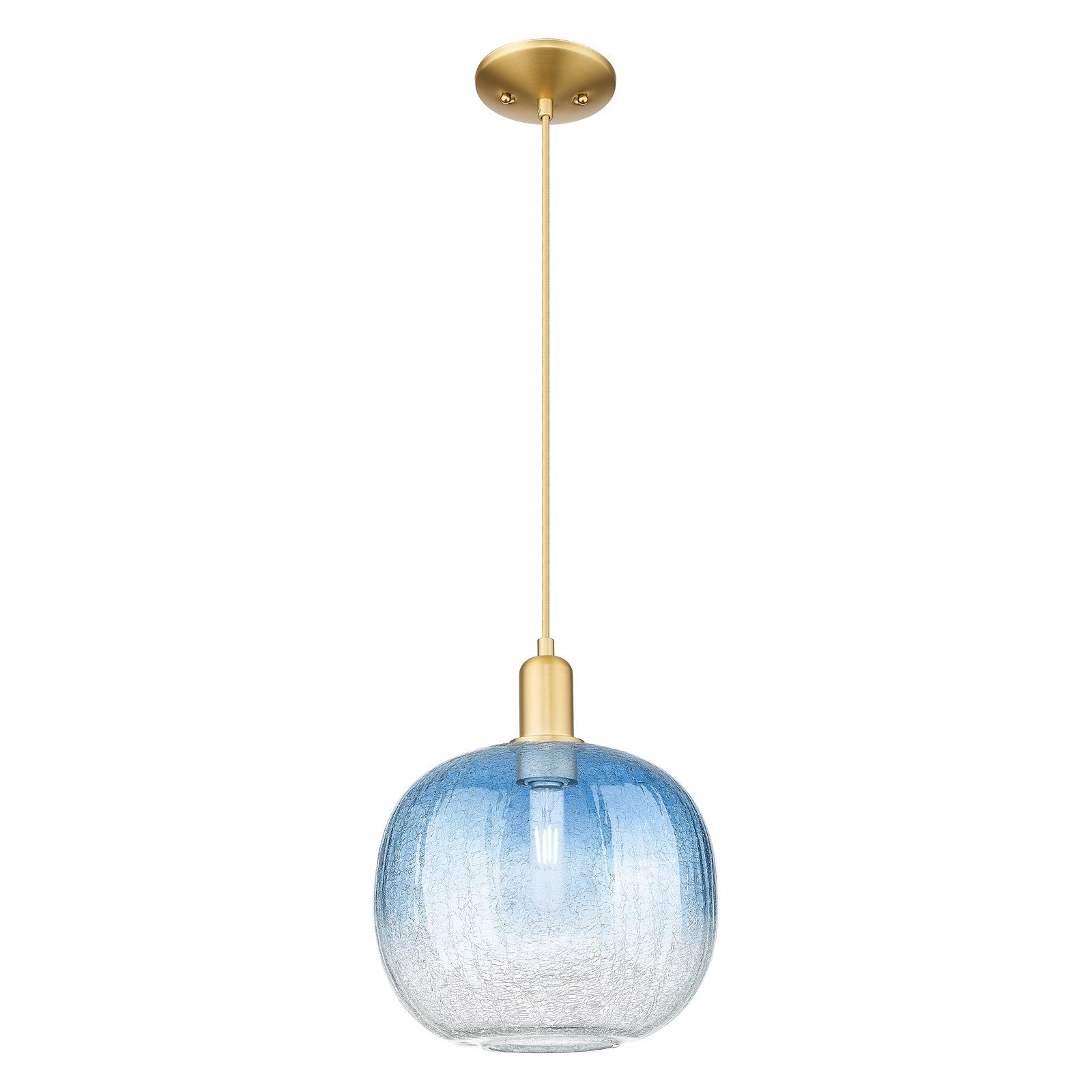 Innovations Brookhaven Sphere 10.5in 1-Light Mini Pendant | Industrial Satin Gold Steel and Sapphire Blue Glass | Kitchen | Model 716-1P-SG-G481-10SB