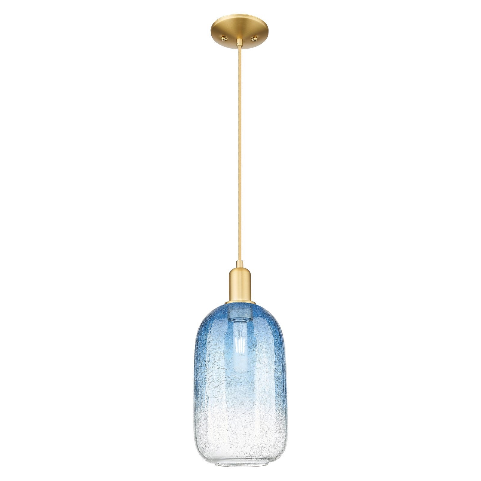 Innovations Brookhaven Cloche 7in 1-Light Mini Pendant | Industrial Satin Gold Steel and Sapphire Blue Glass | Kitchen Island & | Model 716-1P-SG-G482-7SB