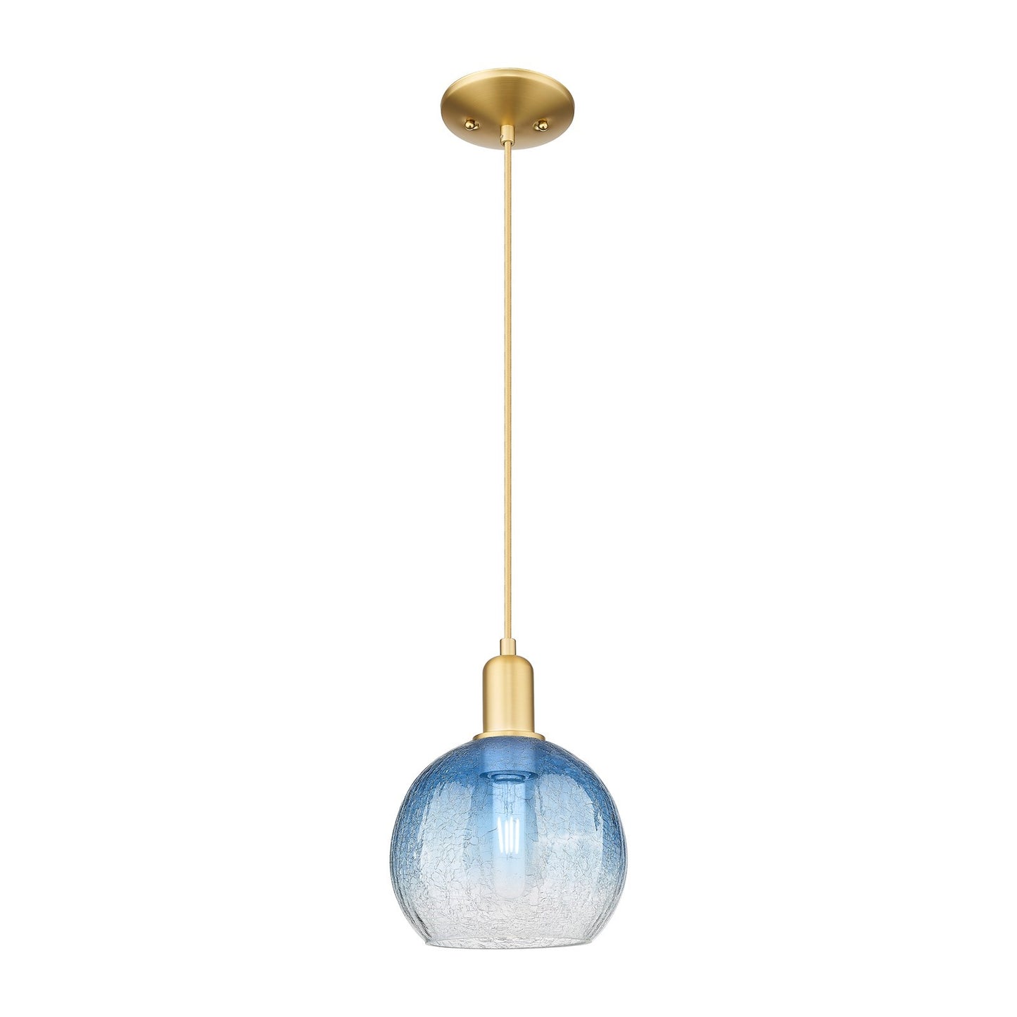 Innovations Brookhaven Globe 8in 1-Light Mini Pendant | Industrial Satin Gold Steel and Sapphire Blue Glass | Kitchen Island & | Model 716-1P-SG-G483-8SB