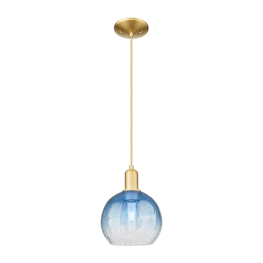 Innovations Brookhaven Globe 8in 1-Light Mini Pendant | Industrial Satin Gold Steel and Sapphire Blue Glass | Kitchen Island & | Model 716-1P-SG-G483-8SB