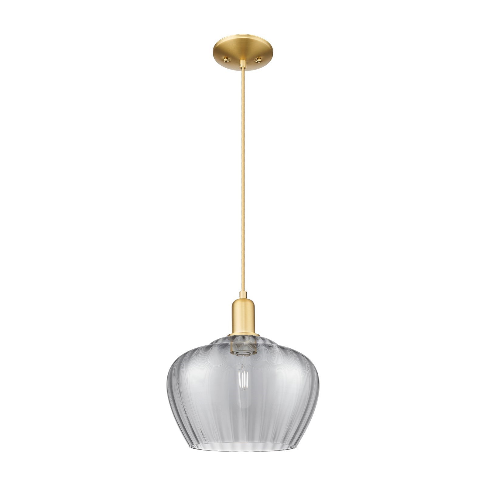 Innovations Fenton 11in 1-Light Mini Pendant | Industrial Satin Gold Steel and Light Smoke Ribbed Glass | Kitchen Island & Dining | Model 716-1P-SG-G93-L