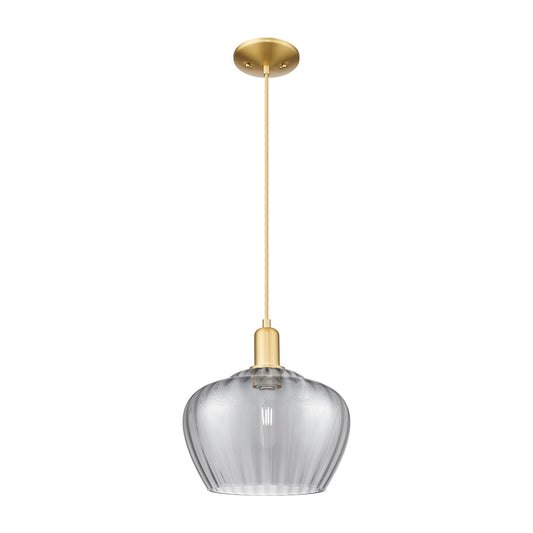 Innovations Fenton 11in 1-Light Mini Pendant | Industrial Satin Gold Steel and Light Smoke Ribbed Glass | Kitchen Island & Dining | Model 716-1P-SG-G93-L