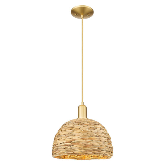 Innovations Woven Rattan 12in 1-Light Mini Pendant | Industrial Satin Gold Steel and Natural Fiber Shade | Kitchen Island & | Model 716-1P-SG-RBD-12-NAT
