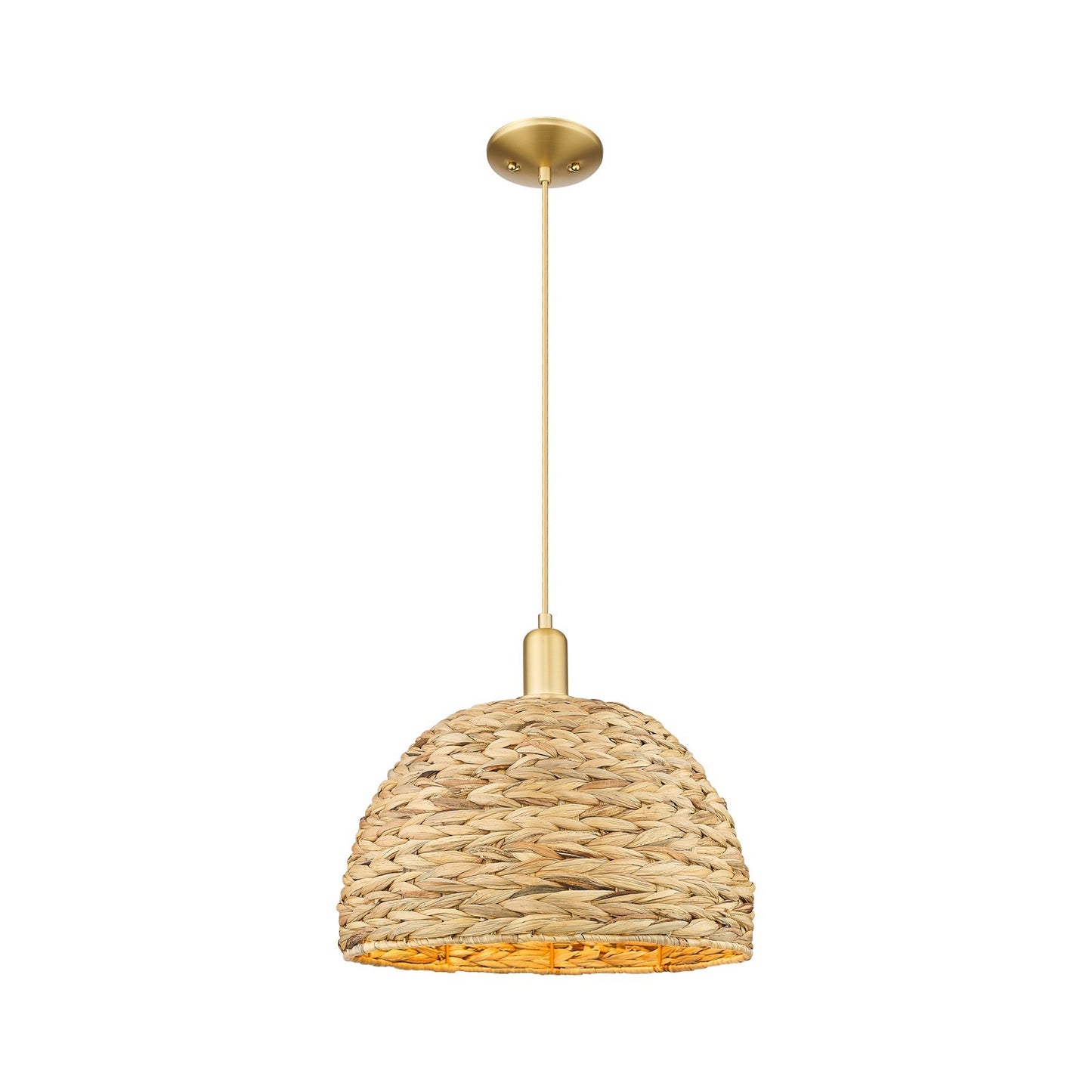 Innovations Woven Rattan 16in 1-Light Mini Pendant | Industrial Satin Gold Steel and Natural Fiber Dome Shade | Kitchen | Model 716-1P-SG-RBD-16-NAT