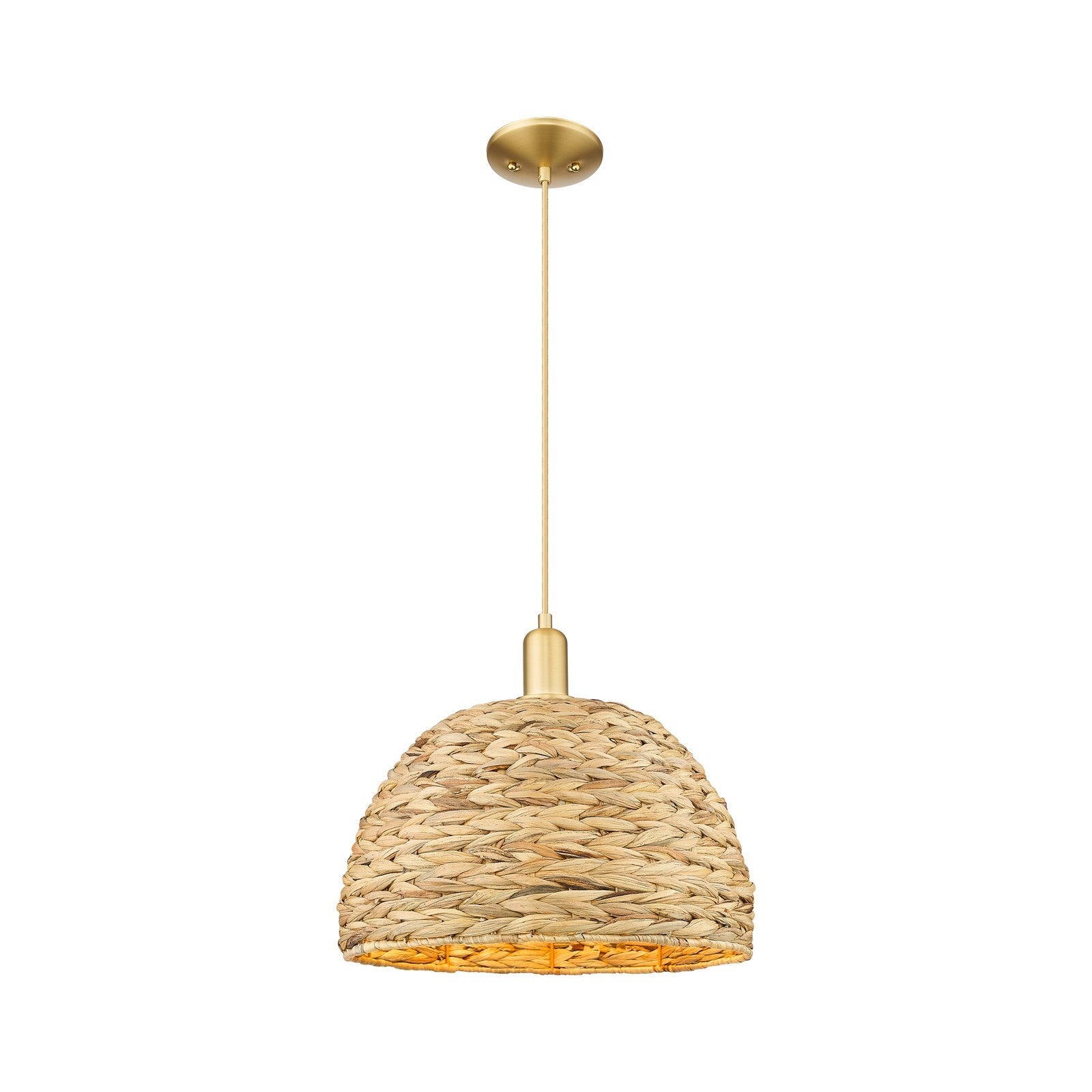 Innovations Woven Rattan 16in 1-Light Mini Pendant | Industrial Satin Gold Steel and Natural Fiber Dome Shade | Kitchen | Model 716-1P-SG-RBD-16-NAT