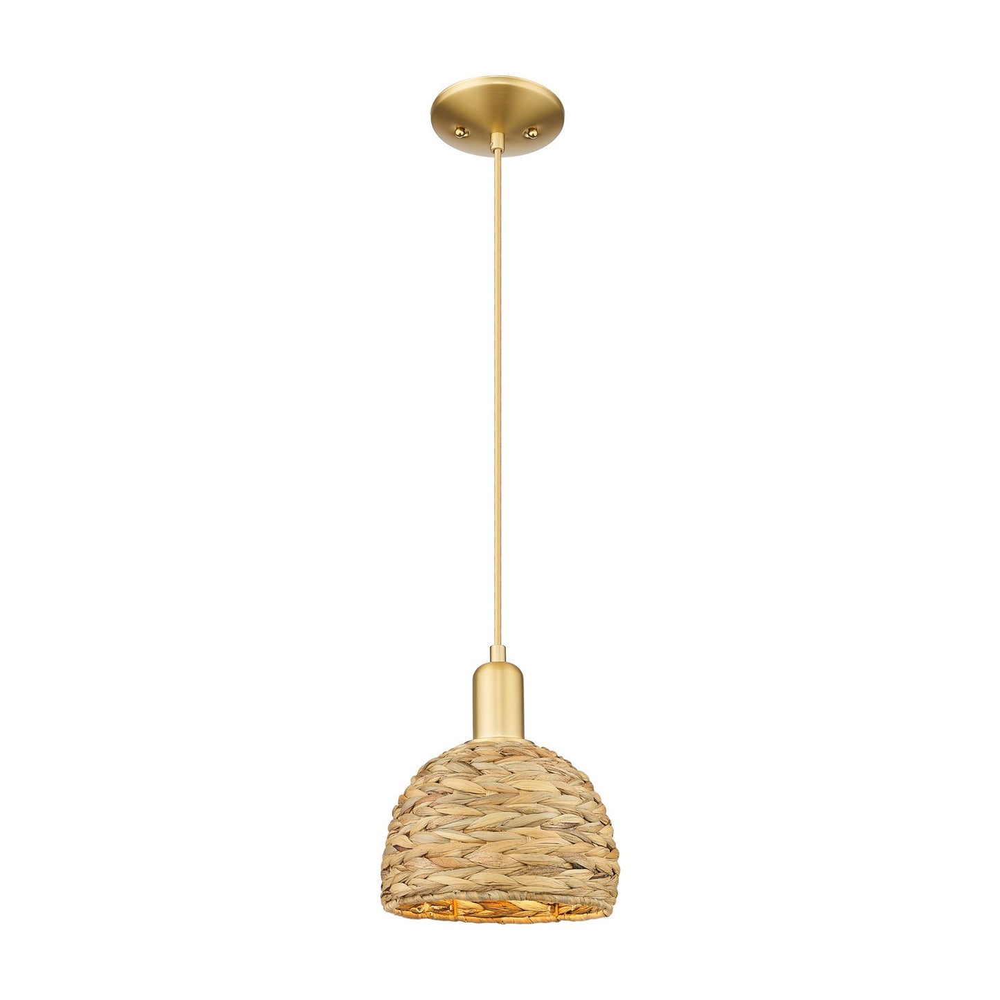 Innovations Woven Rattan 8in 1-Light Mini Pendant | Rustic Farmhouse Satin Gold Steel and Natural Woven Rattan Shade | Kitchen | Model 716-1P-SG-RBD-8-NAT