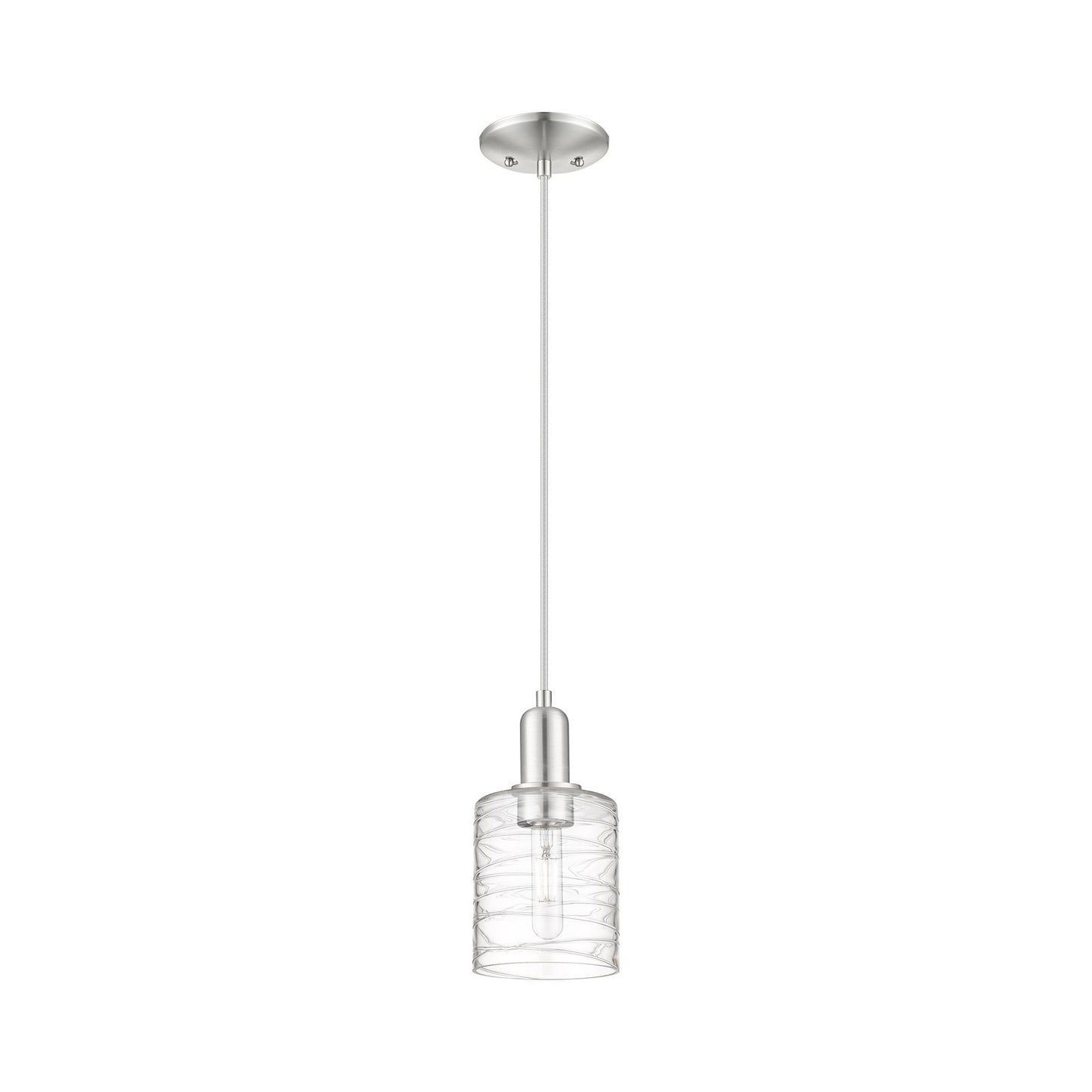 Innovations Cobbleskill 5in 1-Light Mini Pendant | Industrial Brushed Satin Nickel and Clear Deco Swirl Glass | Kitchen Island & | Model 716-1P-SN-G1113