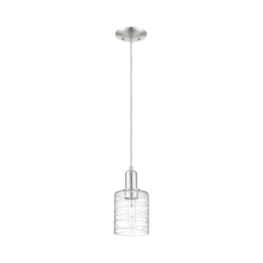 Innovations Cobbleskill 5in 1-Light Mini Pendant | Industrial Brushed Satin Nickel and Clear Deco Swirl Glass | Kitchen Island & | Model 716-1P-SN-G1113