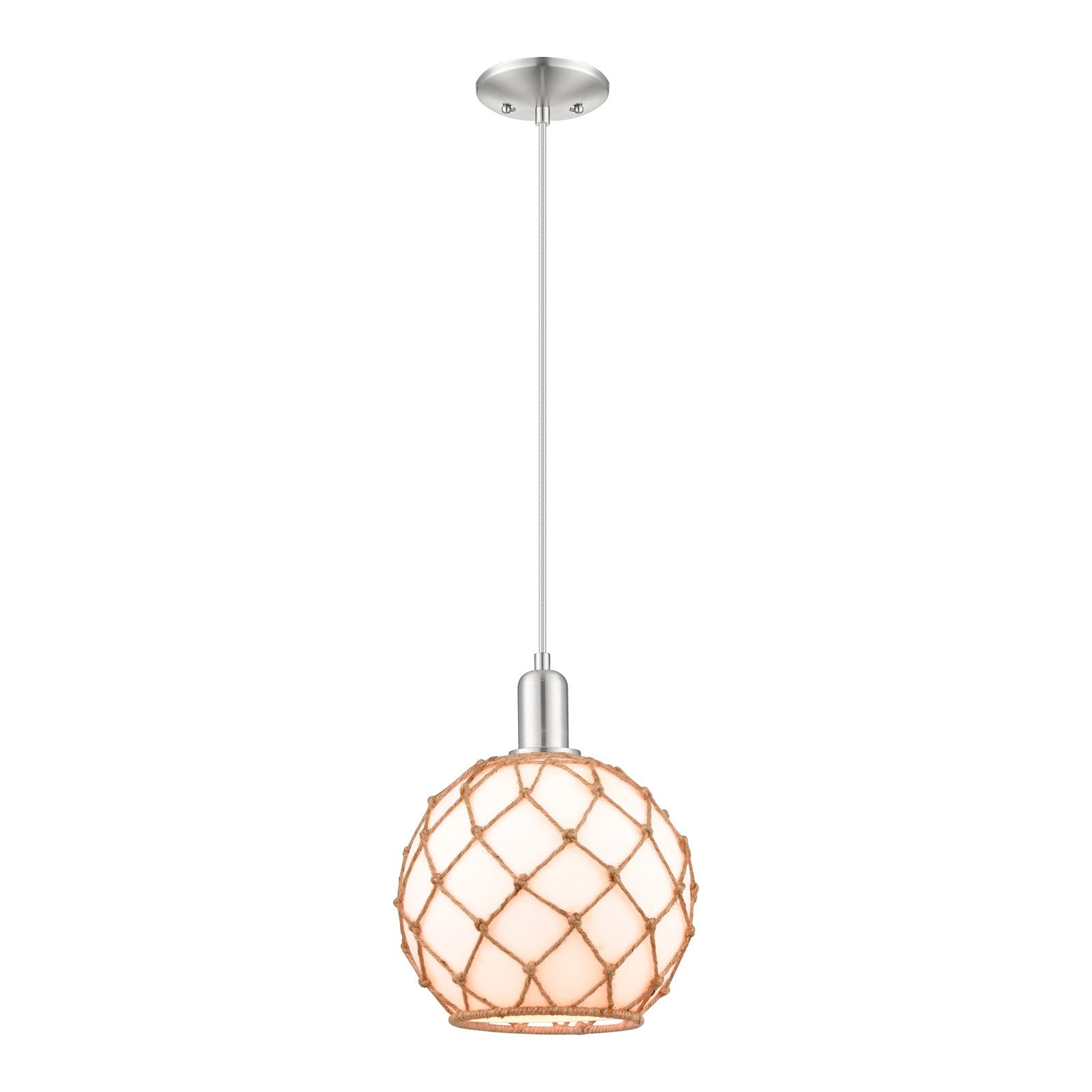 Innovations Farmhouse Rope 10in 1-Light Mini Pendant | Industrial Brushed Satin Nickel and Matte White Glass with Brown Rope | Model 716-1P-SN-G121-10RB
