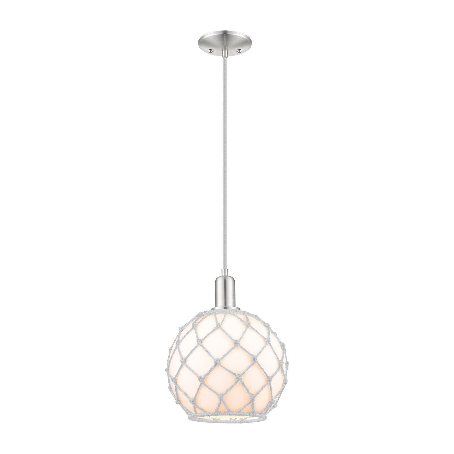 Innovations Farmhouse Rope 10in 1-Light Mini Pendant | Industrial Brushed Satin Nickel and White Glass with Rope | Kitchen | Model 716-1P-SN-G121-10RW