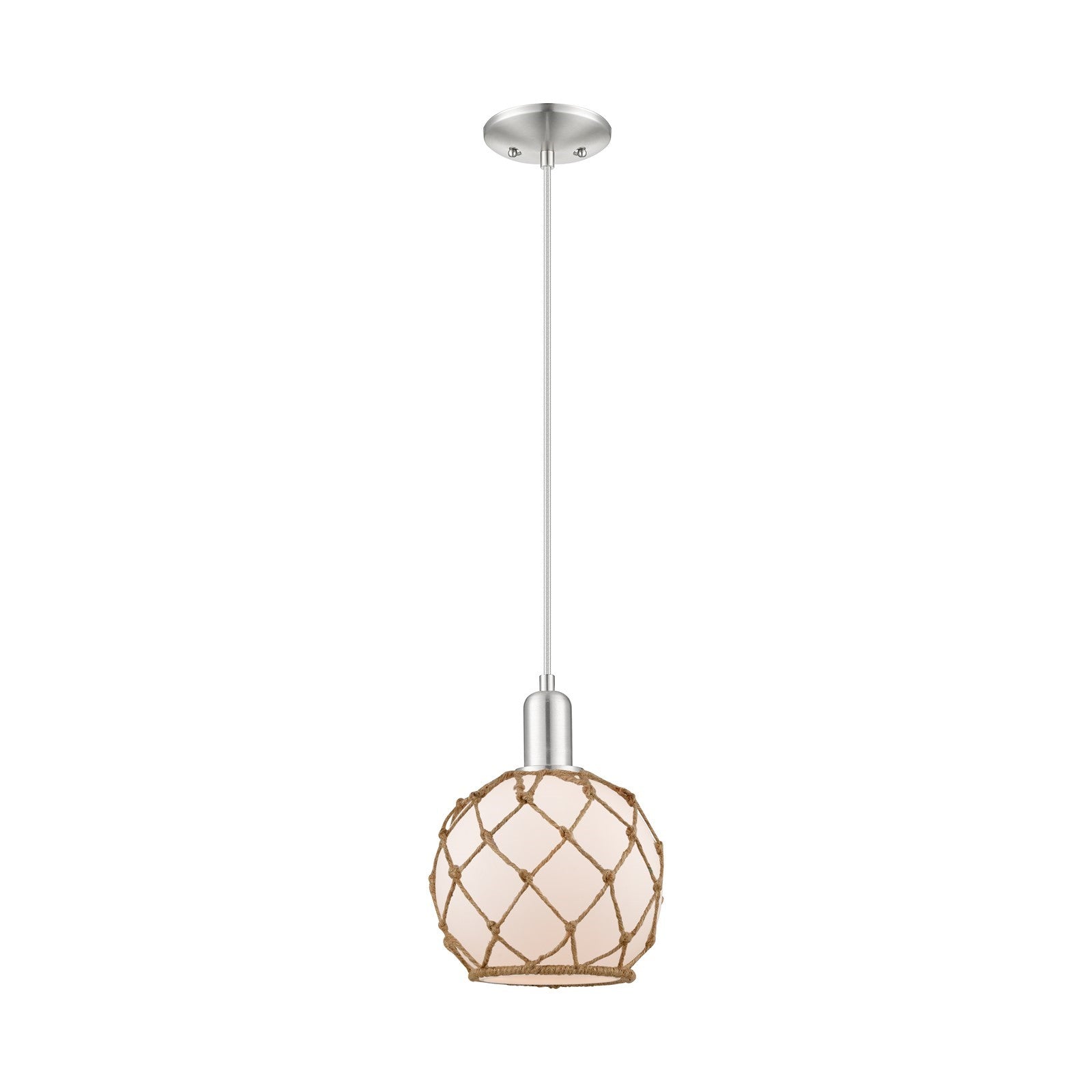 Innovations Farmhouse Rope 8in 1-Light Mini Pendant | Industrial Brushed Satin Nickel and White Glass with Brown Rope | Kitchen | Model 716-1P-SN-G121-8RB
