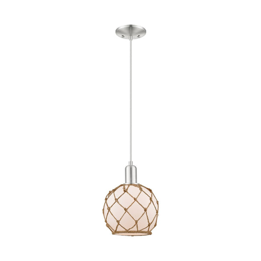 Innovations Farmhouse Rope 8in 1-Light Mini Pendant | Industrial Brushed Satin Nickel and White Glass with Brown Rope | Kitchen | Model 716-1P-SN-G121-8RB