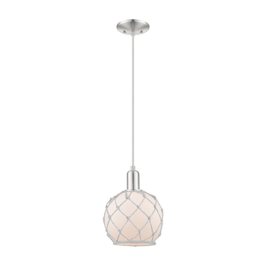 Innovations Farmhouse Rope 8in 1-Light Mini Pendant | Industrial Brushed Satin Nickel and White Glass with Rope | Kitchen | Model 716-1P-SN-G121-8RW