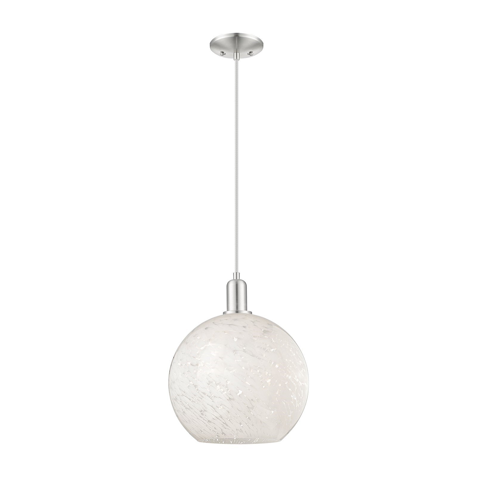 Innovations Lighting White Mouchette 12in 1-Light Mini Pendant | Industrial Brushed Satin Nickel and White Glass | Kitchen | Model 716-1P-SN-G1216-12WM