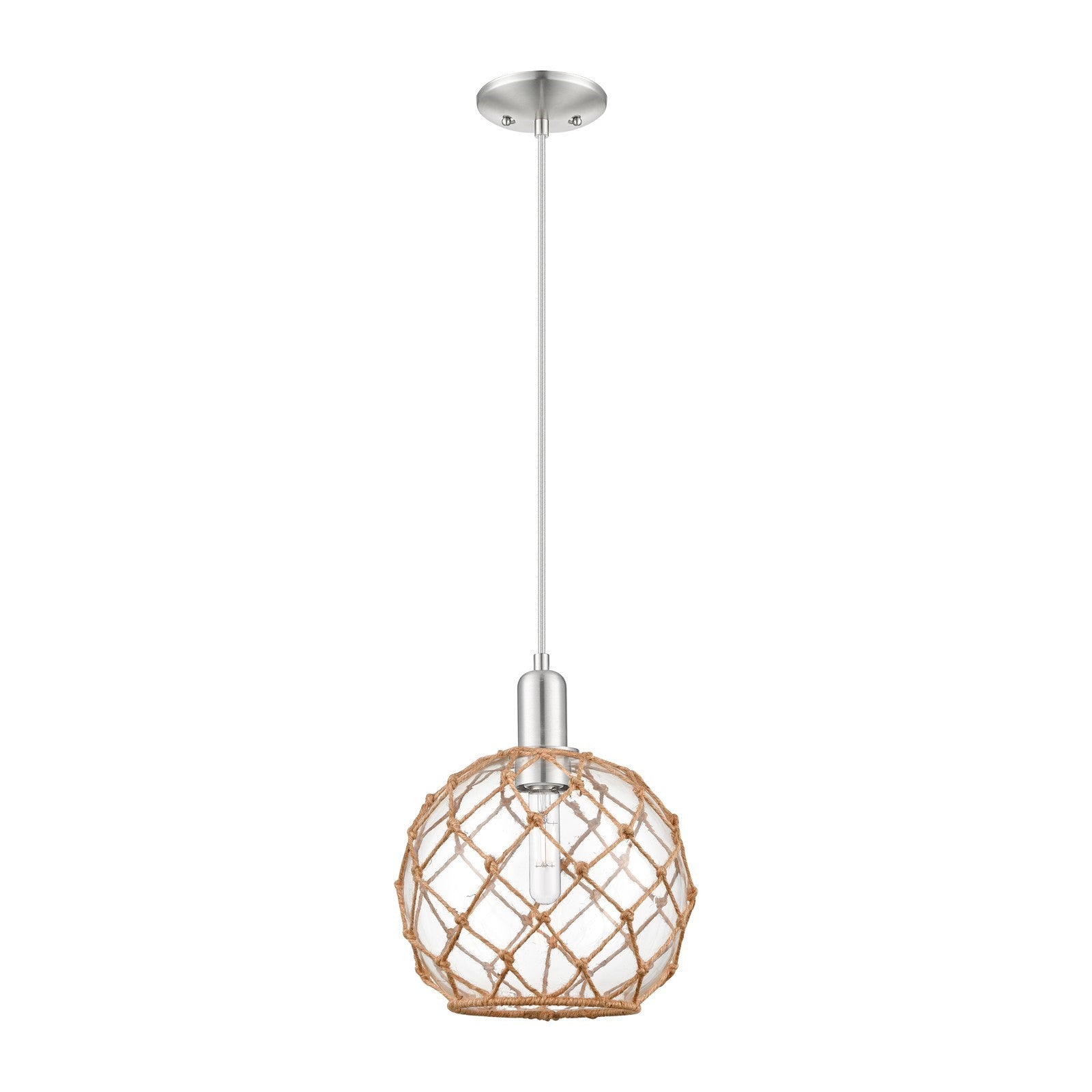 Innovations Farmhouse Rope 10in 1-Light Mini Pendant | Industrial Brushed Satin Nickel and Clear Glass with Brown Rope | Model 716-1P-SN-G122-10RB