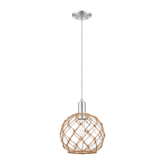 Innovations Farmhouse Rope 10in 1-Light Mini Pendant | Industrial Brushed Satin Nickel and Clear Glass with Brown Rope | Model 716-1P-SN-G122-10RB