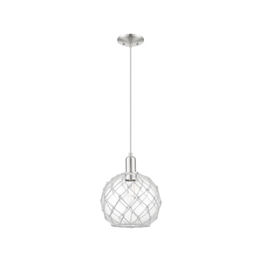 Innovations Farmhouse Rope 10in 1-Light Mini Pendant | Industrial Brushed Satin Nickel Steel and Clear Glass with White Rope | Model 716-1P-SN-G122-10RW