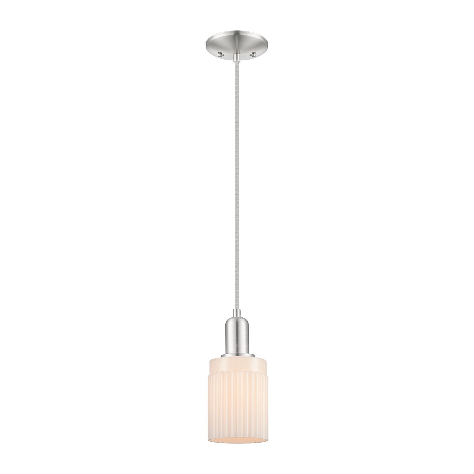 Innovations Hadley 1-Light Mini Pendant | Industrial Brushed Satin Nickel and Matte White Ribbed Glass | Kitchen Island & Dining | Model 716-1P-SN-G341