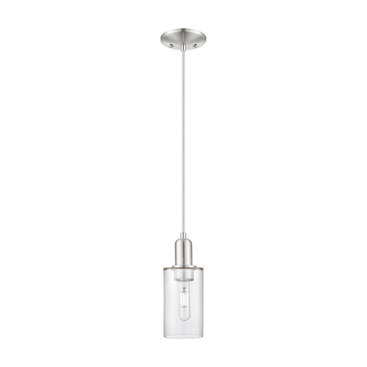Innovations Lighting Clymer 4in 1-Light Mini Pendant | Industrial Brushed Satin Nickel Steel and Clear Glass | Kitchen Island & | Model 716-1P-SN-G802