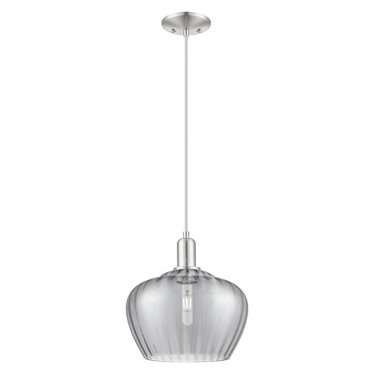 Innovations Fenton 11in 1-Light Mini Pendant | Industrial Brushed Satin Nickel and Light Smoke Ribbed Glass | Kitchen Island & | Model 716-1P-SN-G93-L