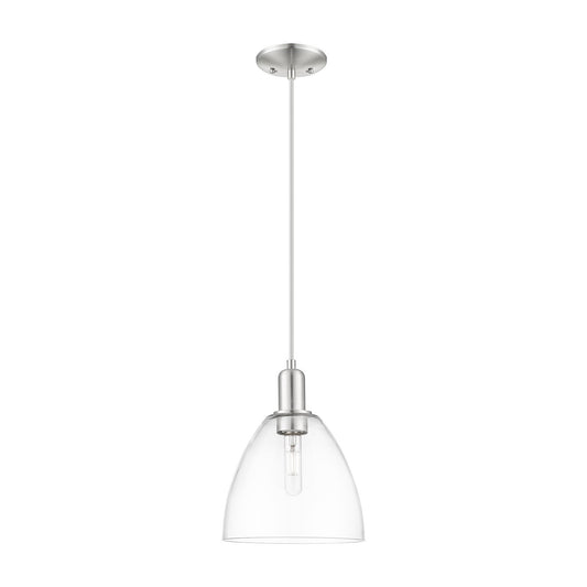 Innovations Bristol 9in 1-Light Mini Pendant | Industrial Brushed Satin Nickel Steel and Clear Glass | Kitchen Island & Dining | Model 716-1P-SN-GBD-92