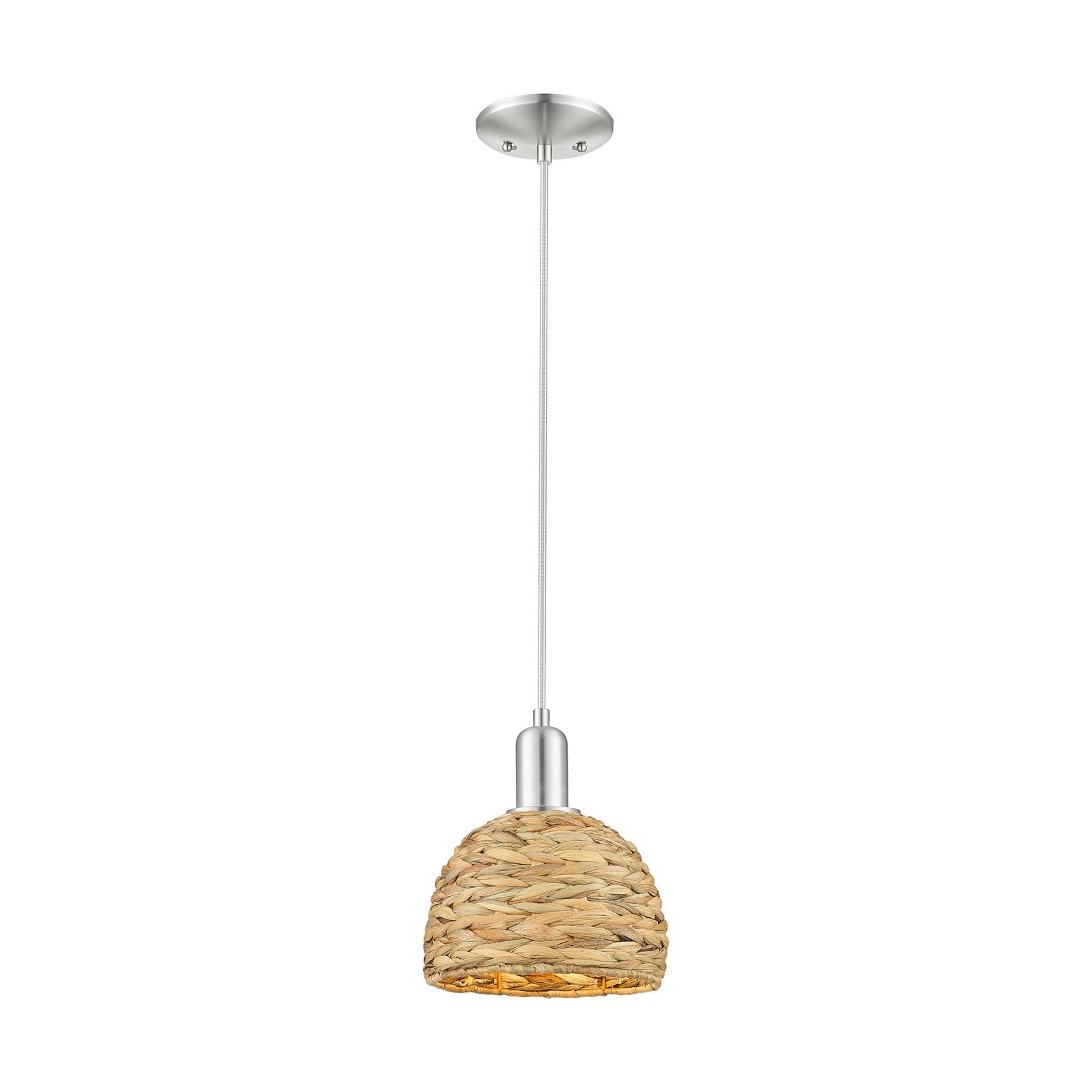 Innovations Woven Rattan 8in 1-Light Mini Pendant | Rustic Farmhouse Satin Nickel and Natural Woven Rattan | Kitchen Island & | Model 716-1P-SN-RBD-8-NAT