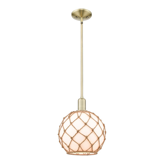Innovations Farmhouse Rope 10in 1-Light Mini Pendant | Industrial Antique Brass Steel and Matte White Glass with Brown Rope | Model 716-1S-AB-G121-10RB