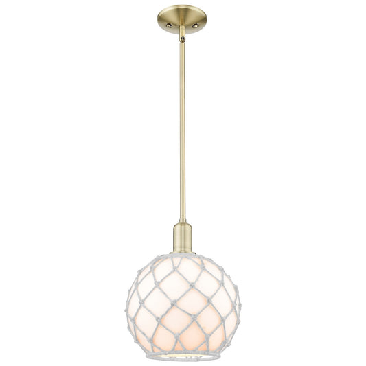 Innovations Farmhouse Rope 10in 1-Light Mini Pendant | Industrial Antique Brass and White Glass with White Rope | Kitchen | Model 716-1S-AB-G121-10RW