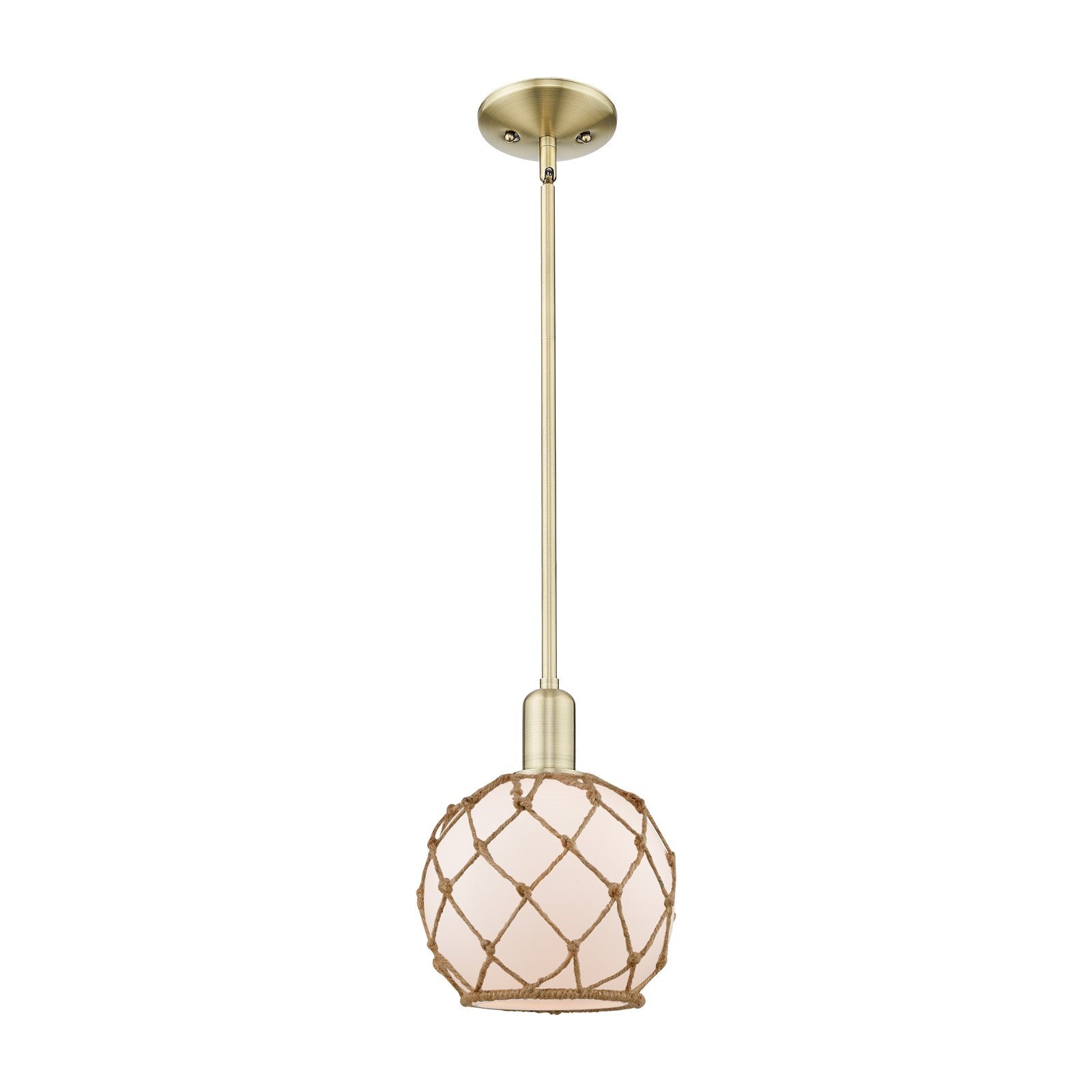 Innovations Farmhouse Rope 8in 1-Light Mini Pendant | Industrial Antique Brass and White Glass with Brown Rope | Kitchen Island | Model 716-1S-AB-G121-8RB