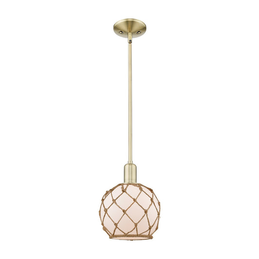 Innovations Farmhouse Rope 8in 1-Light Mini Pendant | Industrial Antique Brass and White Glass with Brown Rope | Kitchen Island | Model 716-1S-AB-G121-8RB