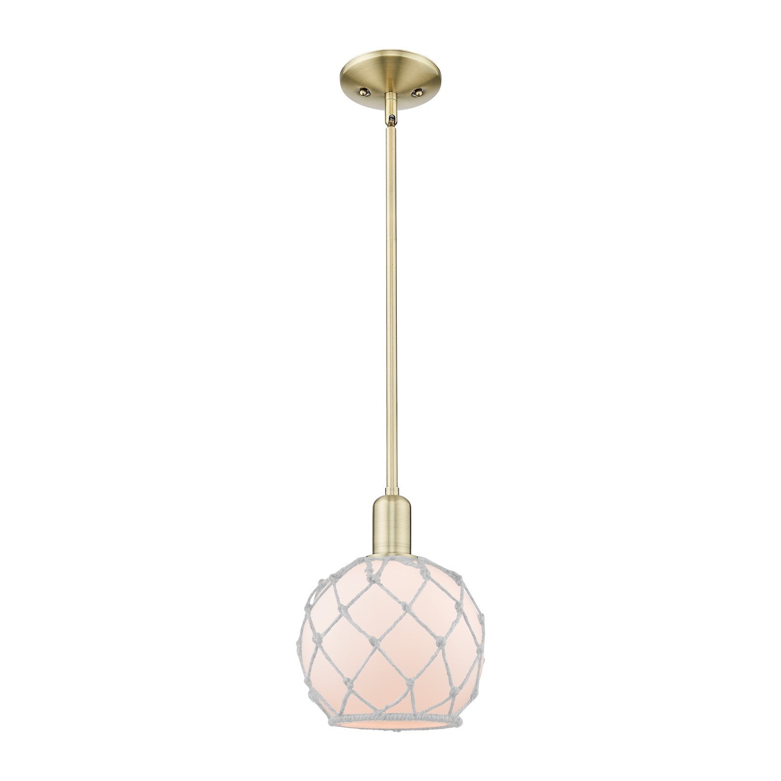 Innovations Farmhouse Rope 8in 1-Light Mini Pendant | Industrial Antique Brass Steel and White Frosted Glass with Rope | Model 716-1S-AB-G121-8RW