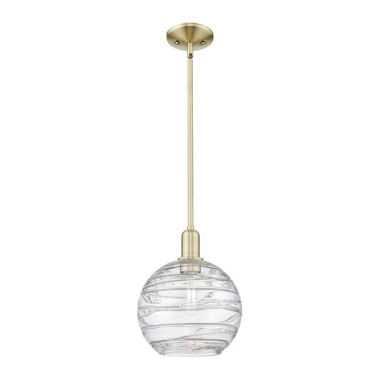 Innovations Athens Deco Swirl 10in 1-Light Mini Pendant | Industrial Antique Brass Steel and Clear Deco Swirl Glass | Kitchen | Model 716-1S-AB-G1213-10CL