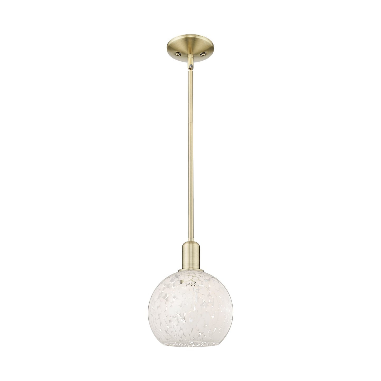 Innovations Lighting White Mouchette 8in 1-Light Mini Pendant | Industrial Antique Brass Steel and White Mouchette Glass | Model 716-1S-AB-G1216-8WM