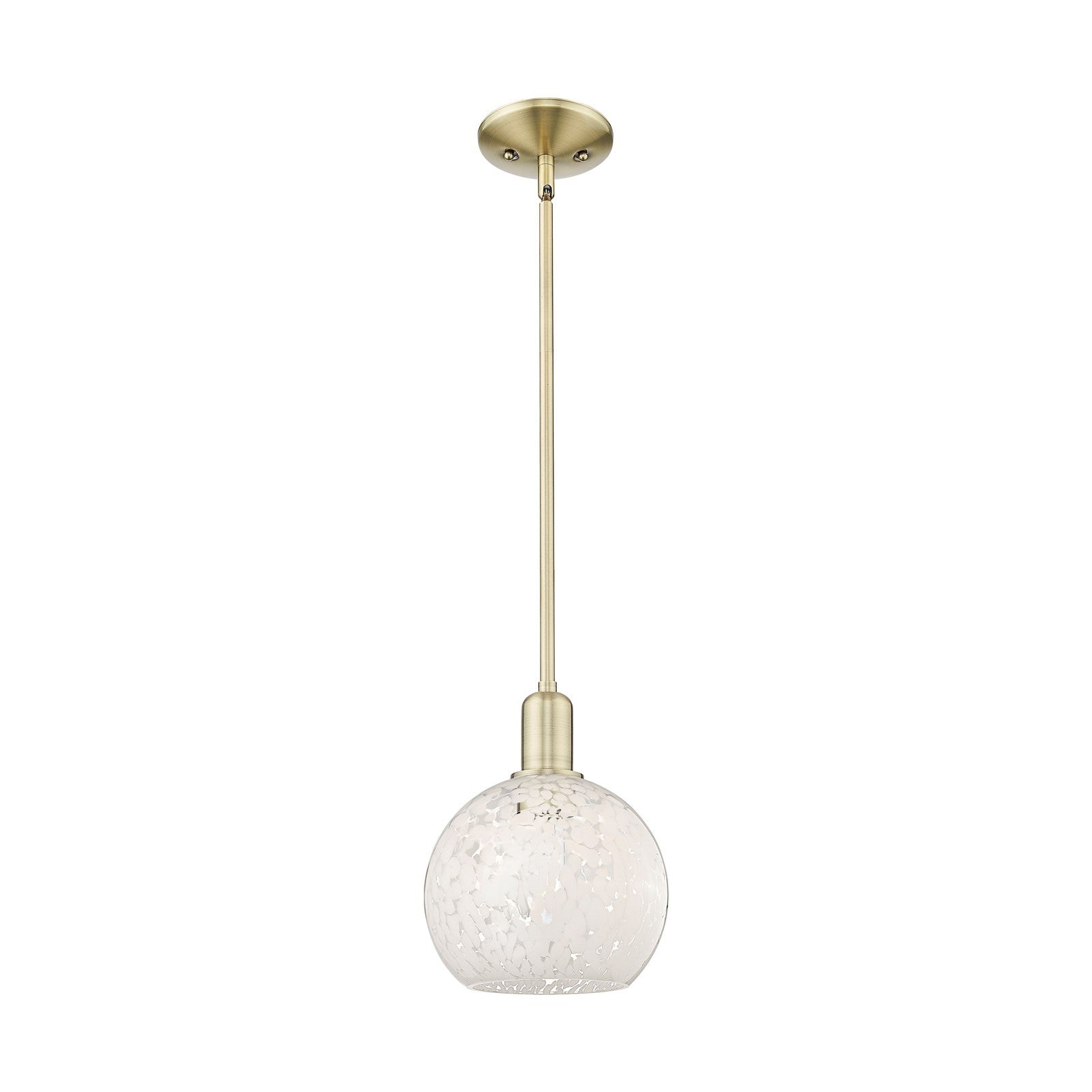 Innovations Lighting White Mouchette 8in 1-Light Mini Pendant | Industrial Antique Brass Steel and White Mouchette Glass | Model 716-1S-AB-G1216-8WM