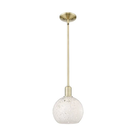 Innovations Lighting White Mouchette 8in 1-Light Mini Pendant | Industrial Antique Brass Steel and White Mouchette Glass | Model 716-1S-AB-G1216-8WM