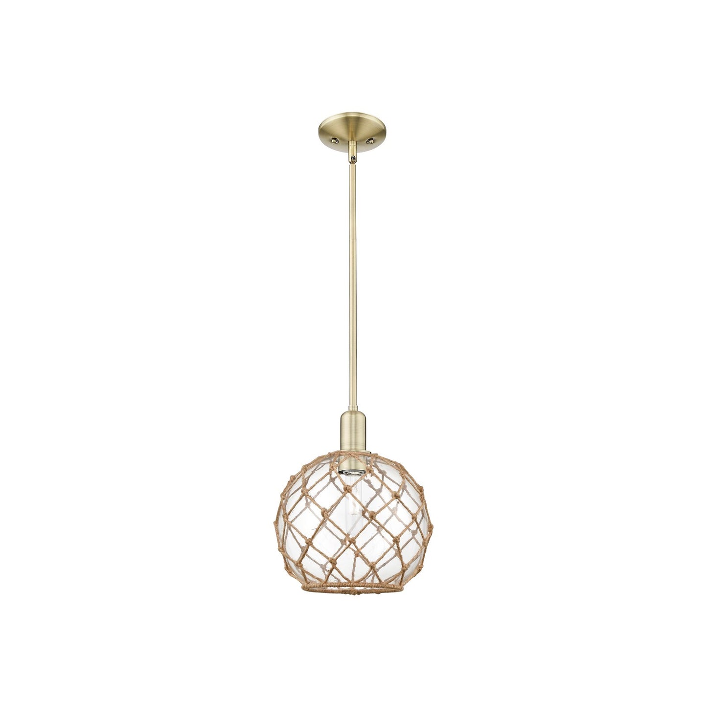 Innovations Farmhouse Rope 10in 1-Light Mini Pendant | Industrial Antique Brass and Clear Glass with Brown Rope | Kitchen | Model 716-1S-AB-G122-10RB