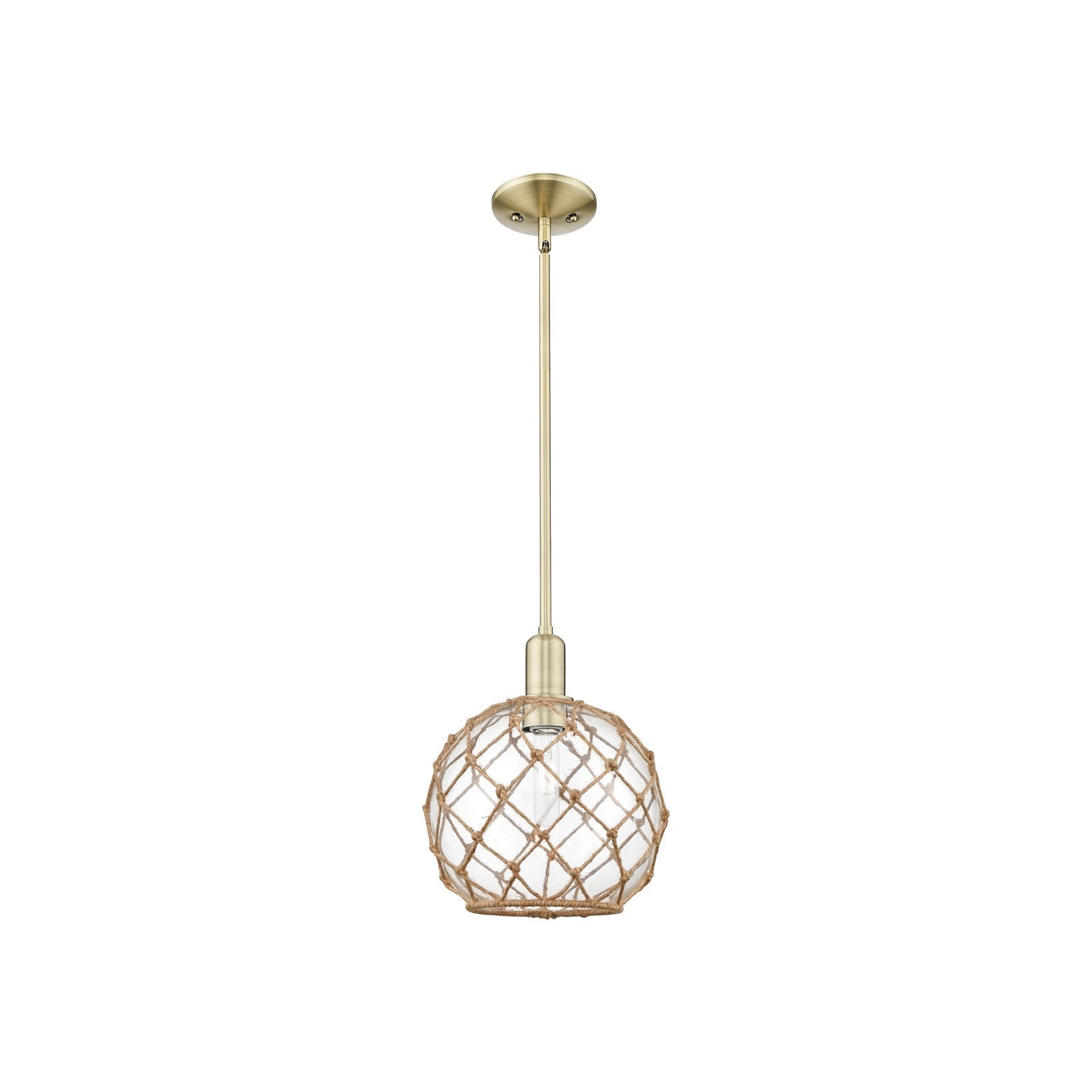 Innovations Farmhouse Rope 10in 1-Light Mini Pendant | Industrial Antique Brass and Clear Glass with Brown Rope | Kitchen | Model 716-1S-AB-G122-10RB