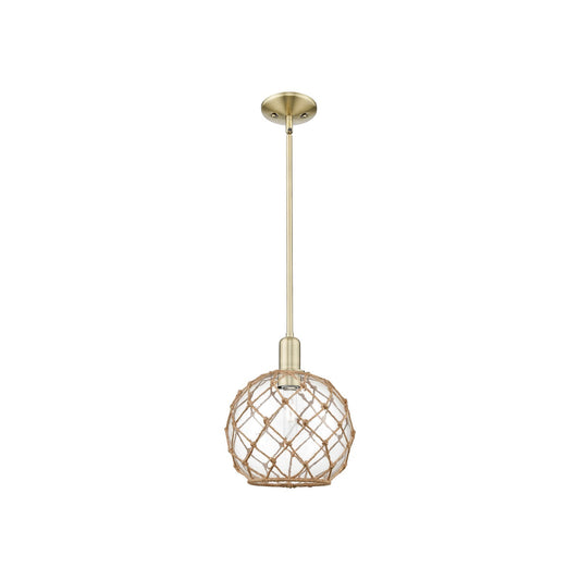 Innovations Farmhouse Rope 10in 1-Light Mini Pendant | Industrial Antique Brass and Clear Glass with Brown Rope | Kitchen | Model 716-1S-AB-G122-10RB