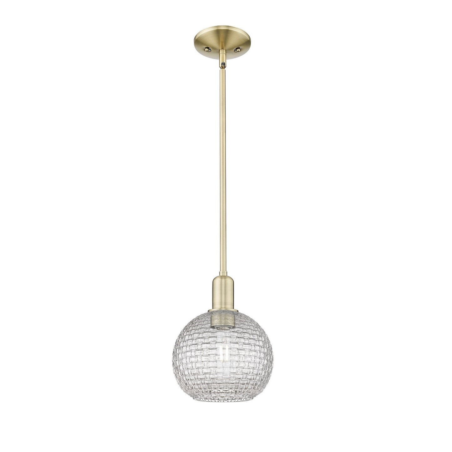 Innovations Athens 8in 1-Light Mini Pendant | Industrial Antique Brass Steel and Clear Basket Weave Glass | Kitchen Island & | Model 716-1S-AB-G122C-8CL