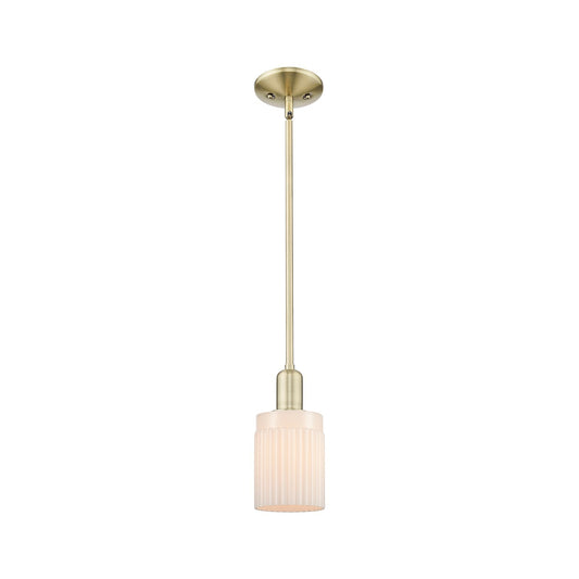 Innovations Hadley 4.5in 1-Light Mini Pendant | Industrial Antique Brass and Matte White Ribbed Glass | Kitchen Island & Dining | Model 716-1S-AB-G341