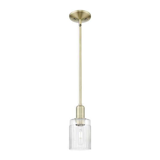 Innovations Hadley 4.5in 1-Light Mini Pendant | Industrial Antique Brass Steel and Clear Ribbed Glass | Kitchen Island & Dining | Model 716-1S-AB-G342