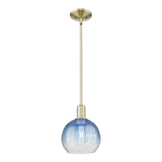 Innovations Brookhaven Globe 8in 1-Light Mini Pendant | Industrial Antique Brass Steel and Sapphire Blue Glass | Kitchen Island | Model 716-1S-AB-G483-8SB